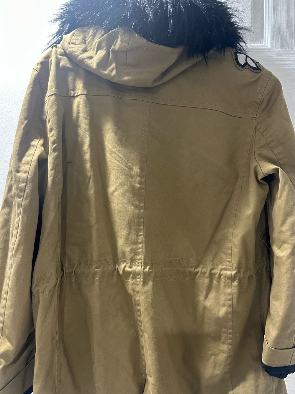 LOFT Tan Hooded Trench Coat with Black Faux Fur Trim